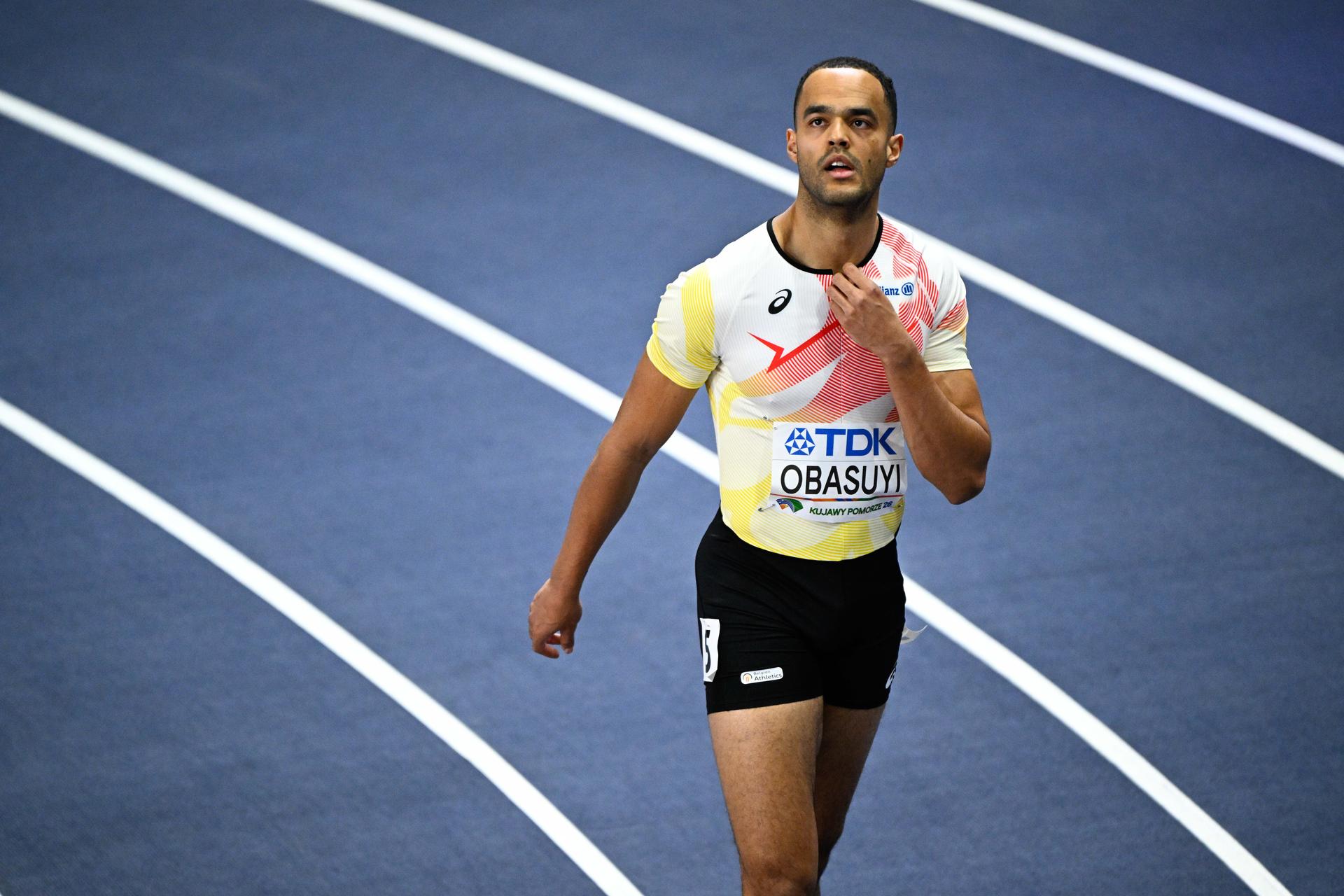 Belgian Michael Obasuyi pictured after the men's 60m hurdles, at and  the second day of the World Athletics Indoor Championship in Torun, Poland on Saturday 21 March 2026. The championships take place from 20 to 22 March. BELGA PHOTO JASPER JACOBS