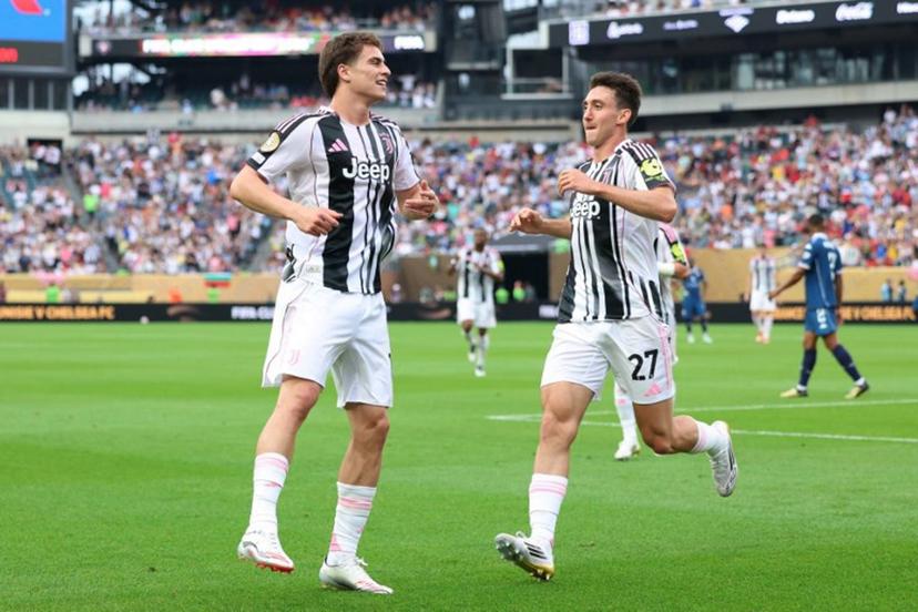 Juventus' Turkish midfielder #10 Kenan Yildiz (L) celebrates next to teammate Italian defender #27 Andrea Cambiaso after scoring his team's second goal during the FIFA Club World Cup 2025 Group G football match between Italy's Juventus and Morocco's Wydad AC at the Lincoln Financial Field stadium in Philadelphia on June 22, 2025.  CHARLY TRIBALLEAU / AFP