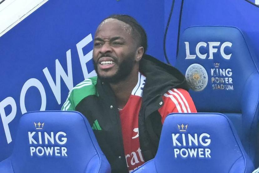 Arsenal's English striker #30 Raheem Sterling takes his seat on the bench having been substituted during the English Premier League football match between Leicester City and Arsenal at King Power Stadium in Leicester, central England on February 15, 2025.  JUSTIN TALLIS / AFP