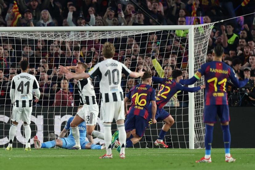 Barcelona's Spanish midfielder #22 Marc Bernal celebrates scoring his team0's second goal during the UEFA Champions League last 16 second leg football match between FC Barcelona and Newcastle United at the Camp Nou stadium in Barcelona, on March 18, 2026.  Lluis GENE / AFP