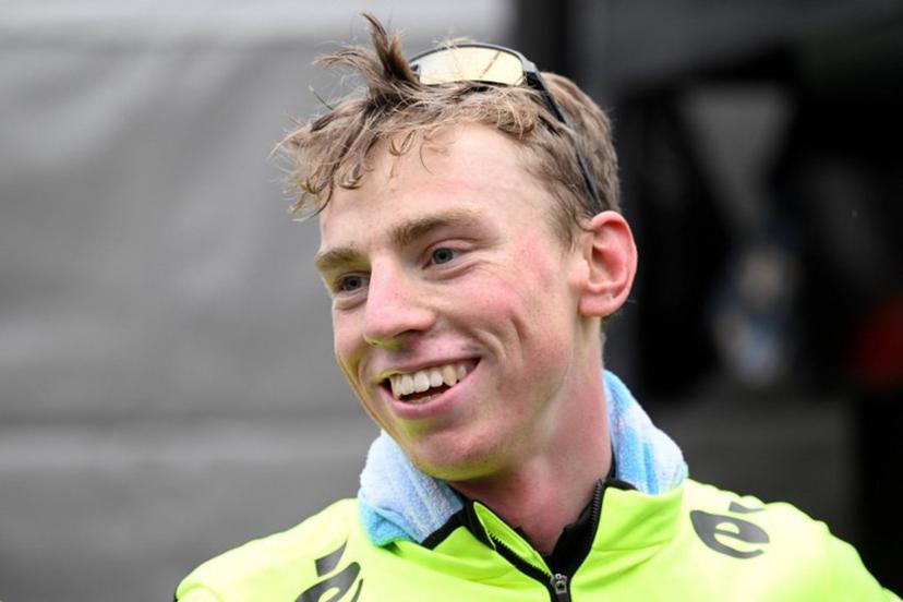 Team Visma's British rider James Matthew Brennan celebrates after crossing first the finish line at the end of the first stage of the 2025 Volta a Catalonya cycling tour of Catalonya, a 178,3 km loop starting and finishing in Sant Feliu de Guixols, on March 24, 2025.  Josep LAGO / AFP