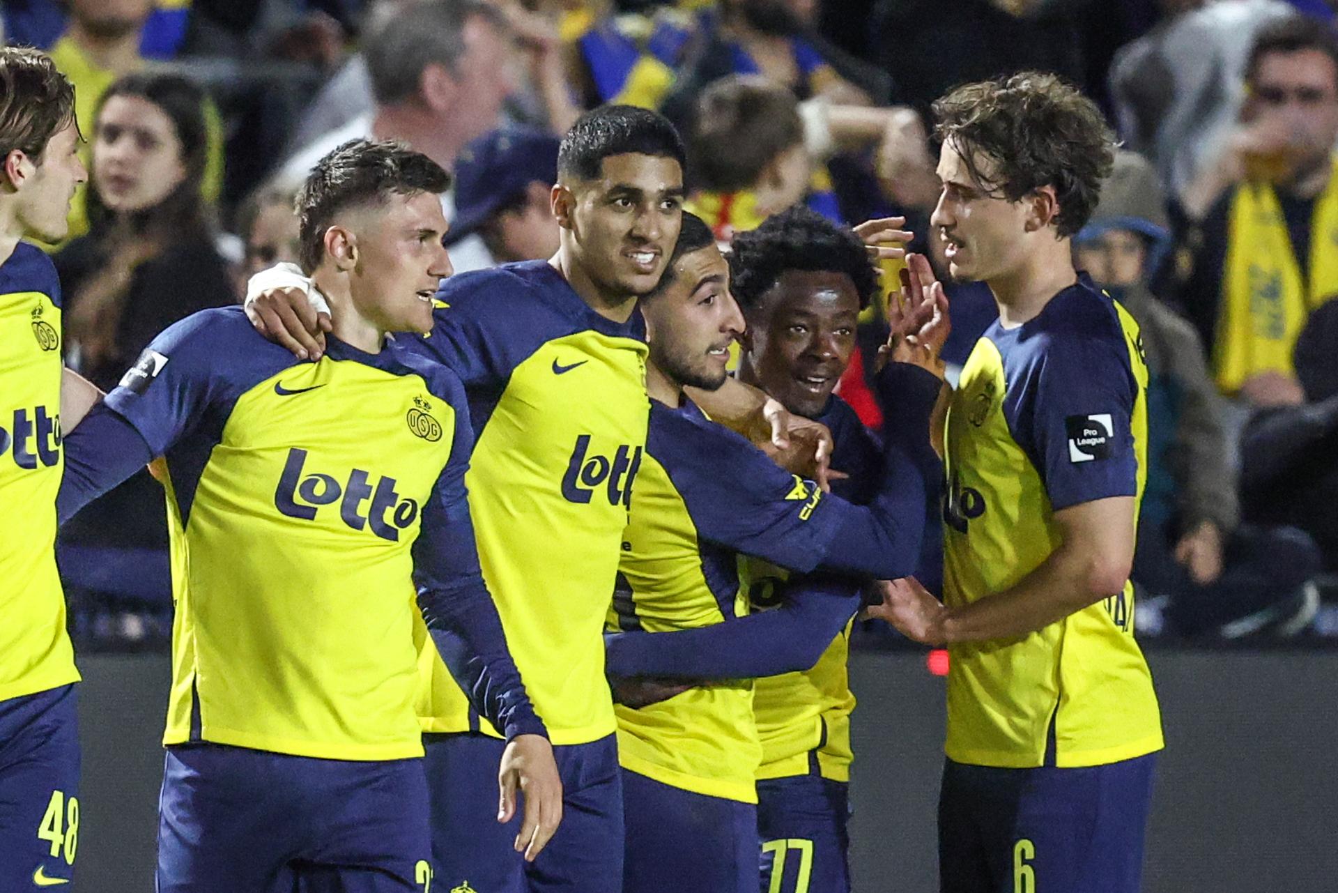 Union's Anouar Ait El Hadj celebrates after scoring during a soccer match between Royale Union Saint-Gilloise and RSC Anderlecht, Saturday 12 April 2025 in Brussels, on day 3 (out of 10) of the Champions' Play-offs of the 2024-2025 'Jupiler Pro League' first division of the Belgian championship. BELGA PHOTO BRUNO FAHY