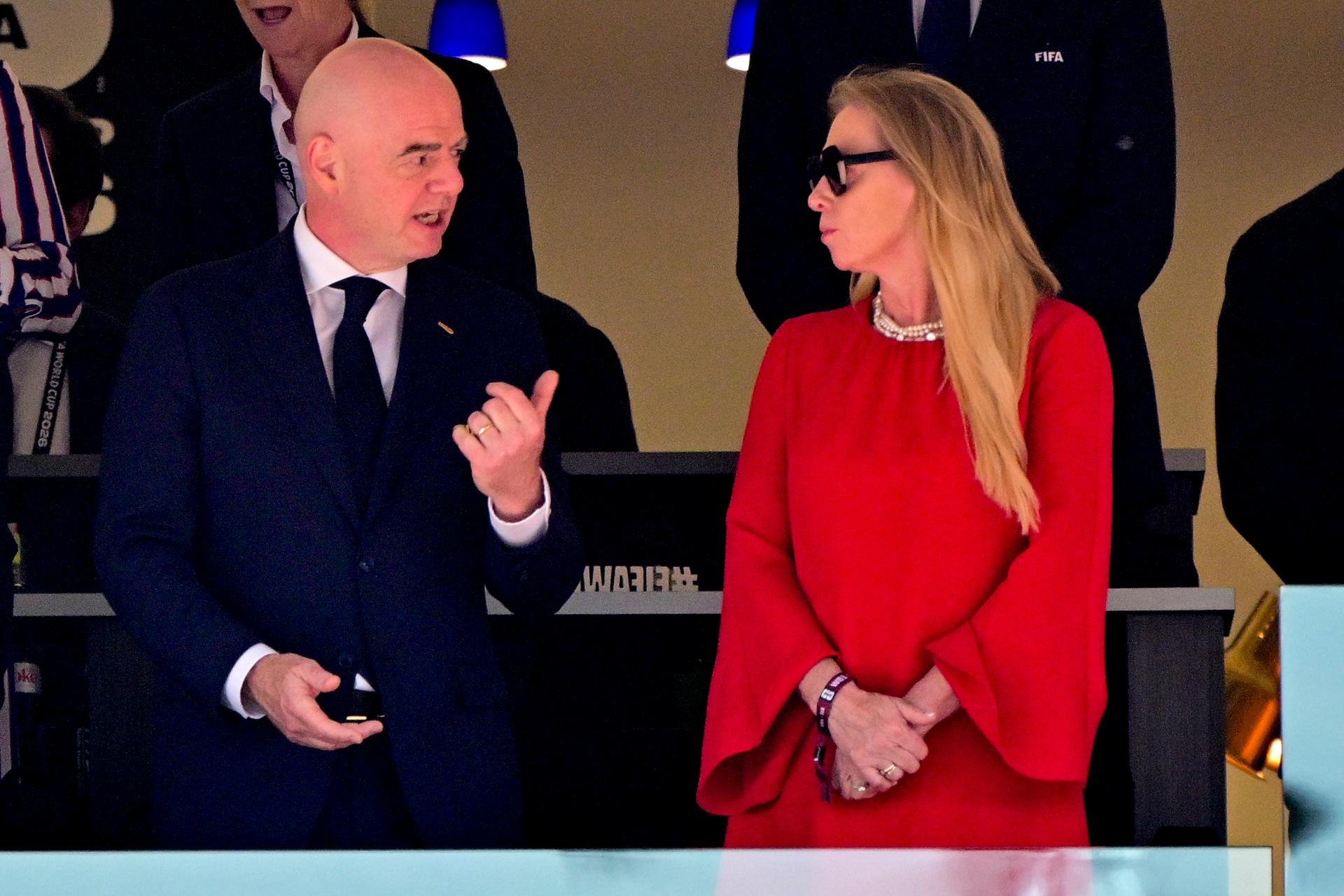 President of FIFA Gianni Infantino and RBFA chairwoman Pascale Van Damme pictured during a soccer game between the USA and Belgian national team Red Devils, on Monday 06 July 2026, at the Seattle Field, in Seattle, a 1/8 finals game in the FIFA World Cup 2026. BELGA PHOTO DIRK WAEM