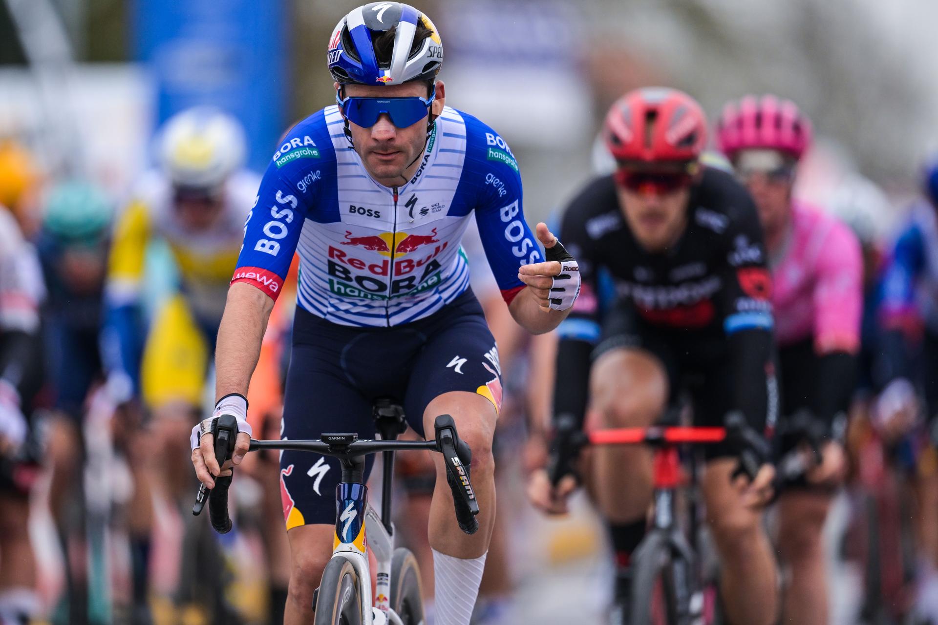Belgian Gianni Vermeersch of Red Bull-BORA-hansgrohe pictured after crossing the finish line at pictured at the start of the 'E3 Saxo Bank Classic' one day cycling race, 208,8km from and to Harelbeke, on Friday 27 March 2026. BELGA PHOTO DAVID PINTENS
