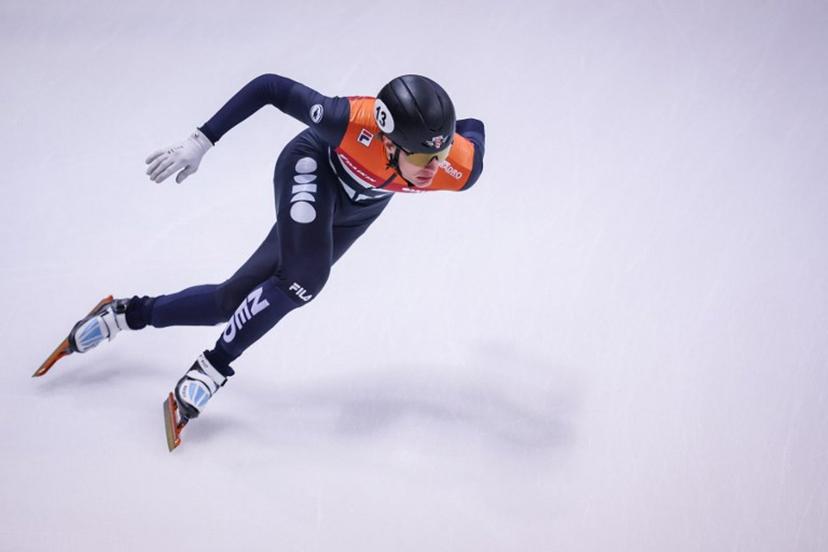 Jens van't Wout #13 of the Netherlands competes during the Men's 5000m Relay final race on Day 3 of the ISU European short track speed skating Championships in Dresden, eastern Germany, on January 19, 2025.  Ronny HARTMANN / AFP