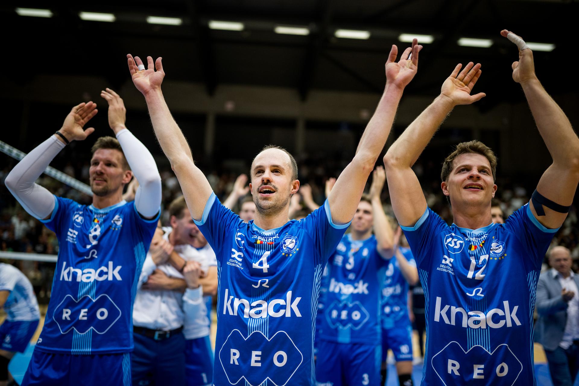 Roeselare's Stijn D'Hulst celebrates after winning the match between Haasrode Leuven and Roeselare, a Play-off Final (4th game, best-of-5) game in the Lotto Volley League Men, Tuesday 13 May 2025 in Leuven. BELGA PHOTO JASPER JACOBS