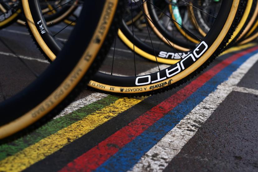 Illustration picture shows bicycle wheel at the start of the junior women race at the UCI Cyclocross World Championships, on Saturday 31 January 2026, in Hulst, The Netherlands. BELGA PHOTO DAVID PINTENS