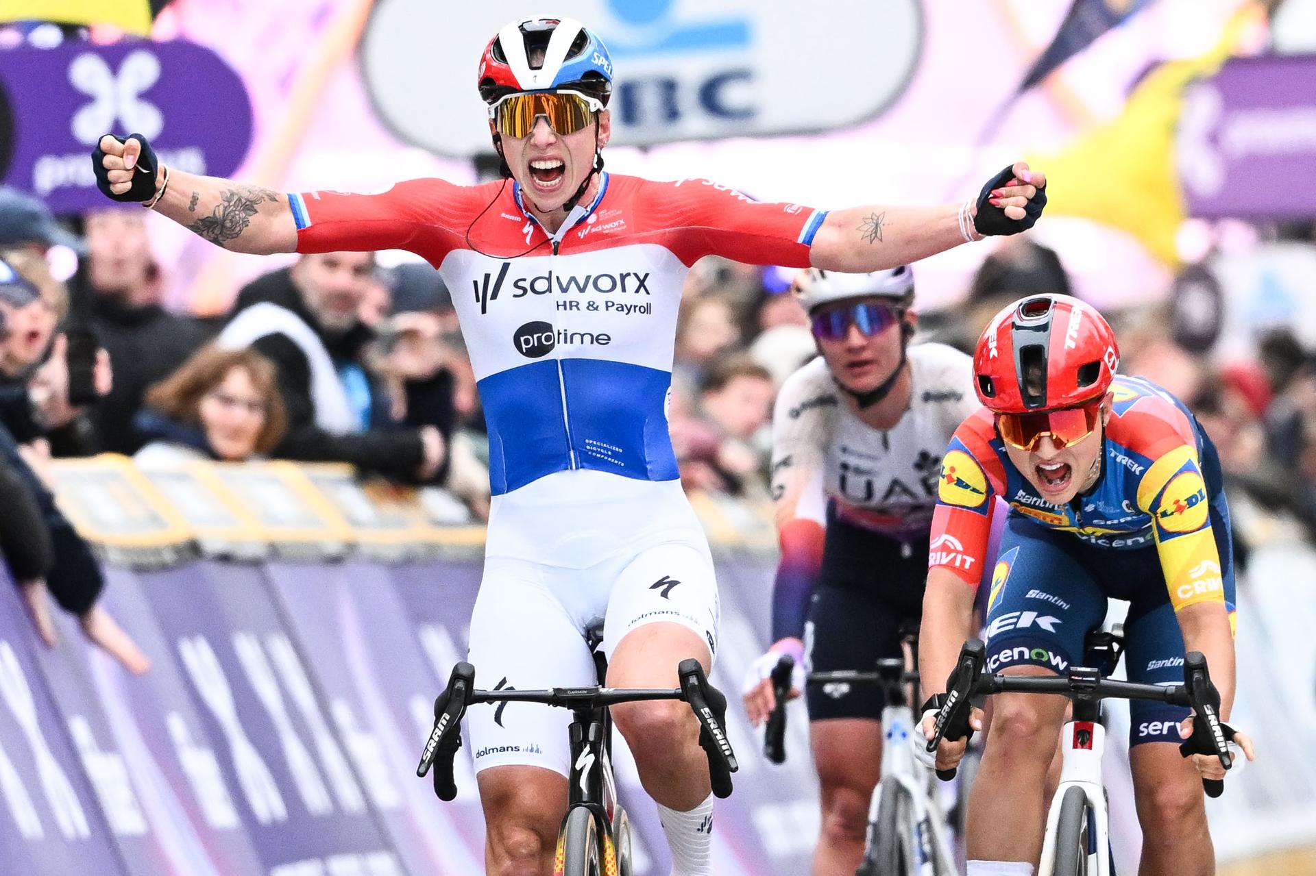 Dutch Lorena Wiebes of SD Worx-Protime wins the women elite 'Wevelgem to Wevelgem - In Flanders Fields' one day cycling race, 134.9 km from and to Wevelgem, on Sunday 29 March 2026. BELGA PHOTO MAARTEN STRAETEMANS