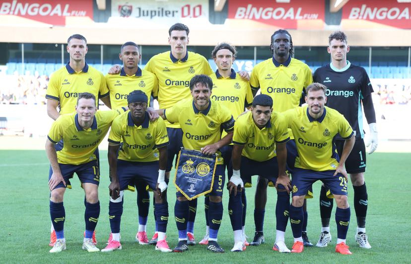 Union's Raul Florucz, Union's Guilherme Smith, Union's Ross Sykes, Union's Kamiel Van De Perre, Union's Mamadou Thierno Barry, Union's goalkeeper Vic Chambaere, Union's Rob Schoofs, Union's Mohammed Fuseini, Union's Kevin Mac Allister, Union's Anan Khalaili and Union's Darius Olaru pose for the photographer at a soccer game between Belgian Royale Union Saint-Gilloise and Norwegian Bodo/Glimt, Tuesday 04 August 2026 in Oostende, in the first leg of the third qualifying round for the UEFA Champions League. BELGA PHOTO VIRGINIE LEFOUR