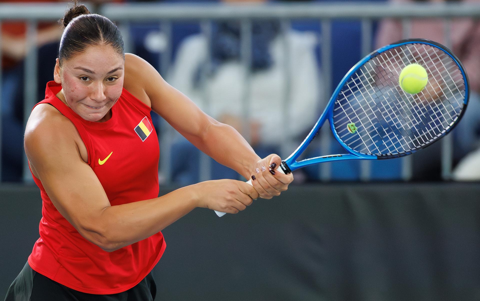 Belgian Sofia Costoulas pictured during the first game between Belgian Costoulas and Turkish Aksu in the Billie Jean King Cup Play-offs, between Belgium and Turkey, on Saturday 15 November 2025 in Ismaning, Germany. PHOTO BENOIT DOPPAGNE