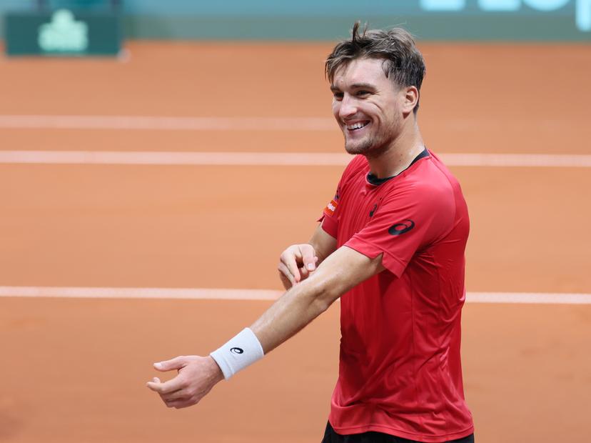 Belgian Raphael Collignon celebrates as he wins during a singles tennis match against Bulgarian Ivanov, match 4 of the qualifier of the Davis Cup on Sunday 08 February 2026, in Plovdiv, Bulgaria. Belgium will compete this weekend in the Davis Cup qualifiers against Bulgaria. Belgian is leading 4-0. BELGA PHOTO BENOIT DOPPAGNE