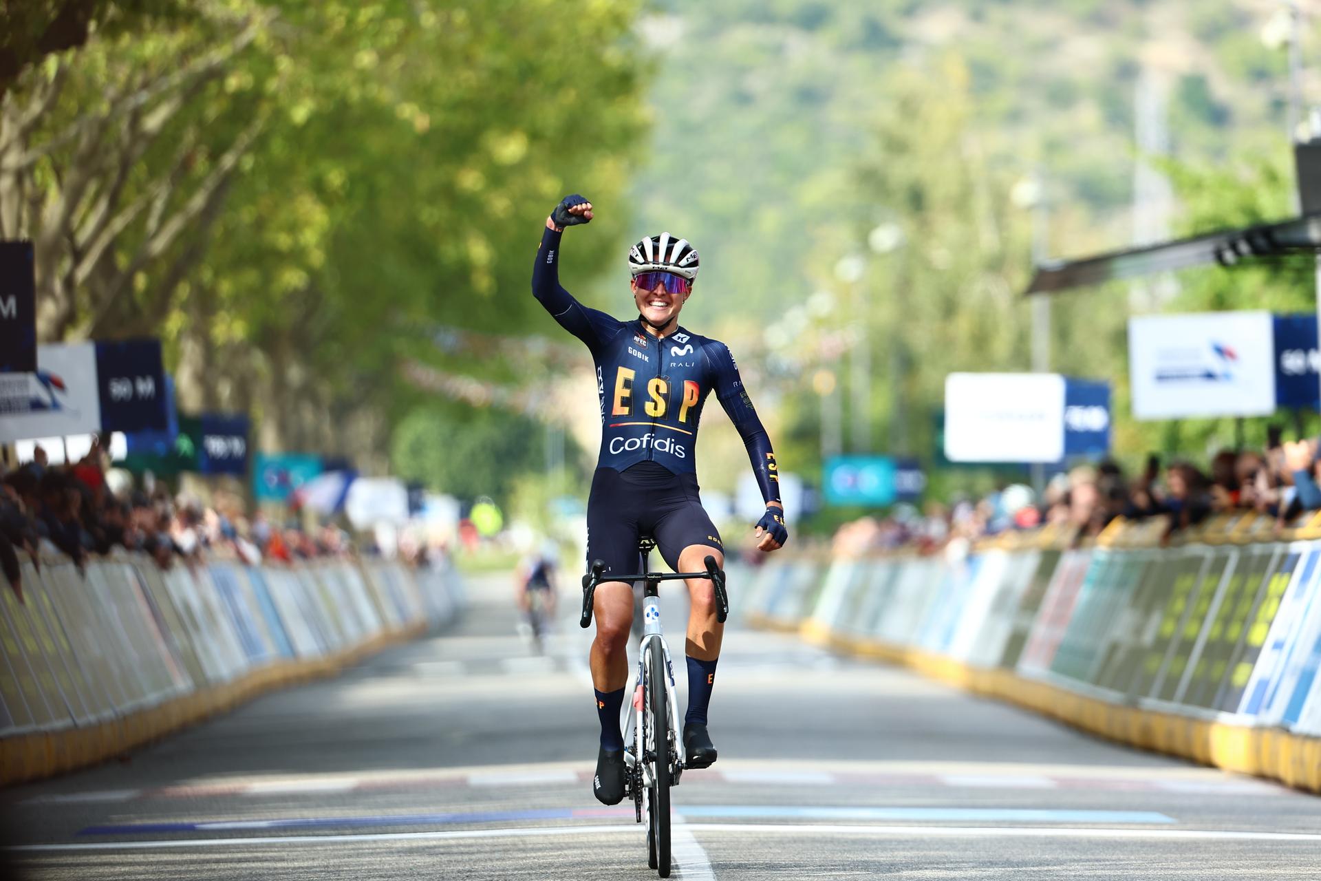 Spain Paula Blasi Cairol celebrates after winning on the finish line of the 85,7 km Women U23 Road Race at the UEC road European cycling championships, France on Friday 03 October 2025. The European cycling championships Drome-Ardeche takes place from 1 to 5 October, France. BELGA PHOTO DAVID PINTENS