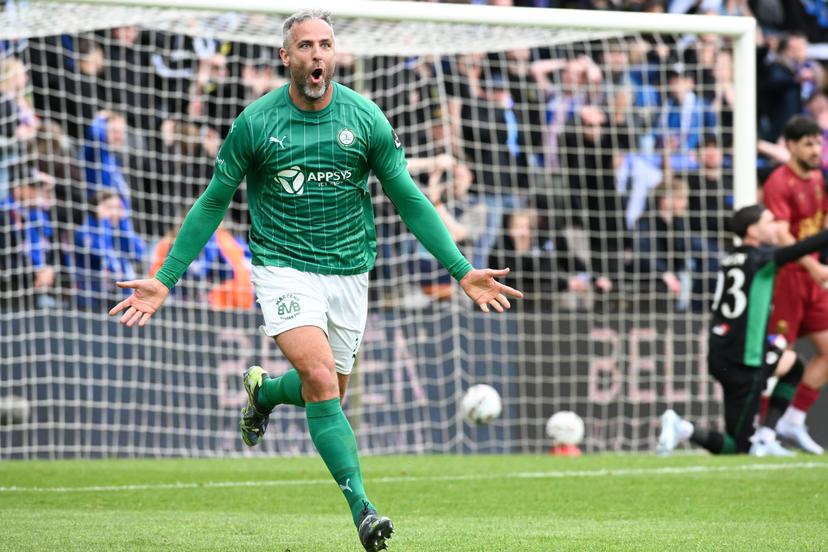 Lommel's Ralf Seuntjens celebrates after scoring during a soccer game between Lommel SK and FCV Dender EH, Sunday 17 May 2026 in Lommel, the return leg of the Final of the Promotion Play-Offs of the 2025-2026 'Challenger Pro League' 1B second division of the Belgian championship. BELGA PHOTO JILL DELSAUX