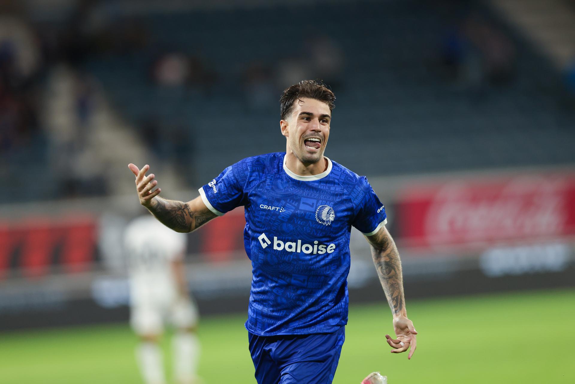 Gent's Tiago Araujo celebrates after scoring during a soccer match between KAA Gent and Oud-Heverlee Leuven, Thursday 3 September 2026 in Gent, on day 3 of the 2026-2027 'Jupiler Pro League' first division of the Belgian championship. The match was postponed so Gent could prepare for European play-offs. BELGA PHOTO BRUNO FAHY