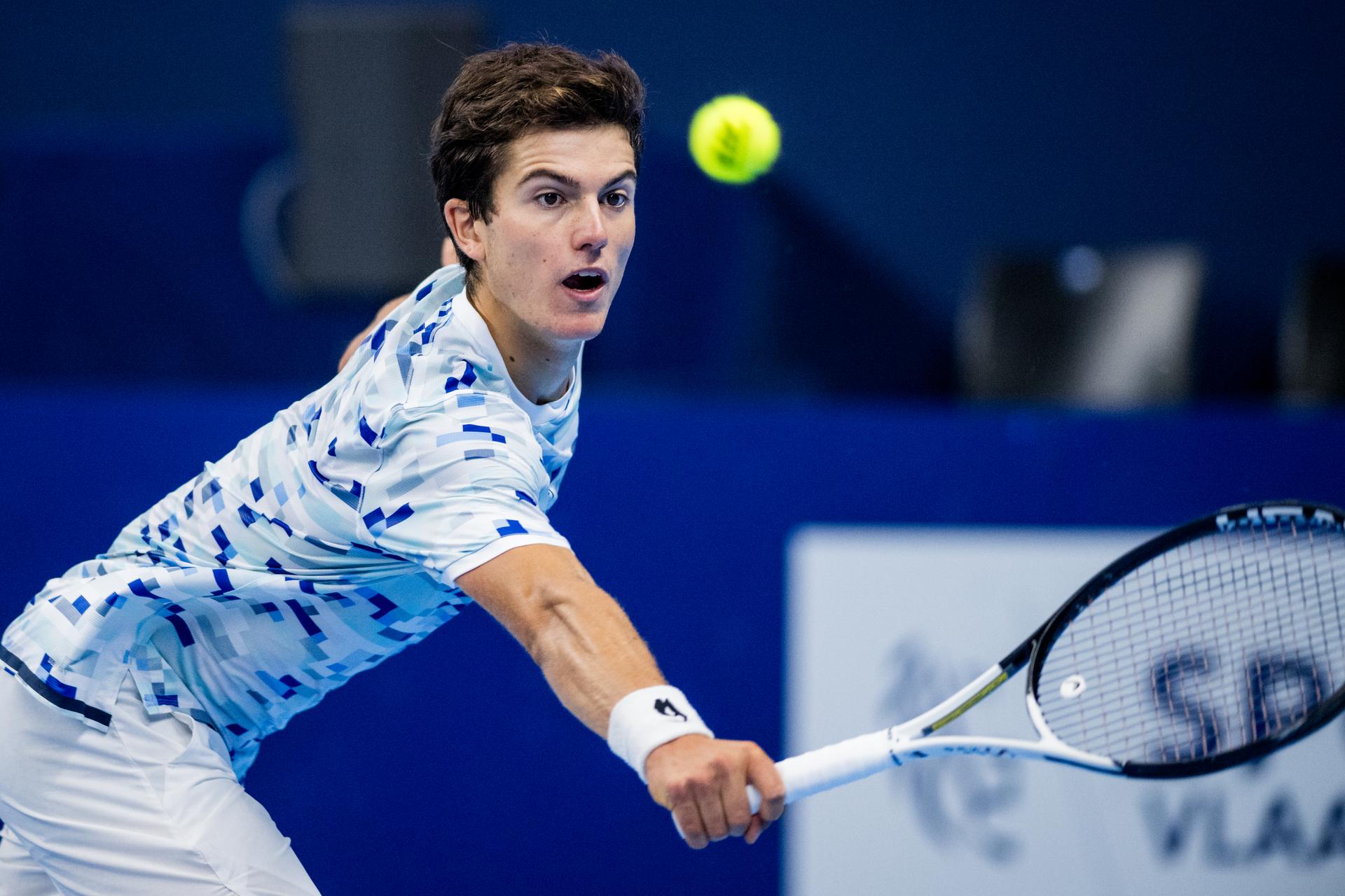 Belgian Gilles-Arnaud Bailly pictured in action during a tennis match in the qualification phase for the ATP European Open Tennis tournament in Antwerp, Monday 14 October 2024. BELGA PHOTO JASPER JACOBS