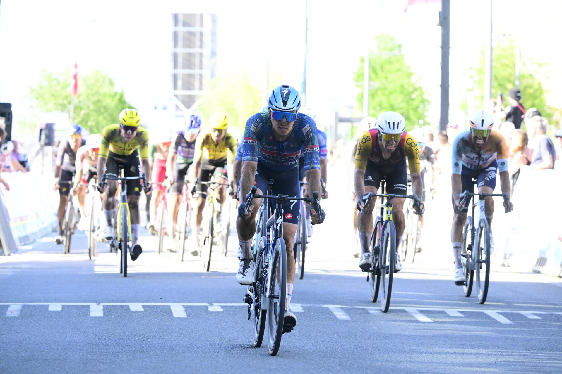 Belgian Tim Merlier of Soudal Quick-Step pictured crossing the finish line of the 'Antwerp Port Epic men's elite one day cycling race, 196,4 km in and around Antwerp, Monday 25 May 2026. BELGA PHOTO TOM GOYVAERTS