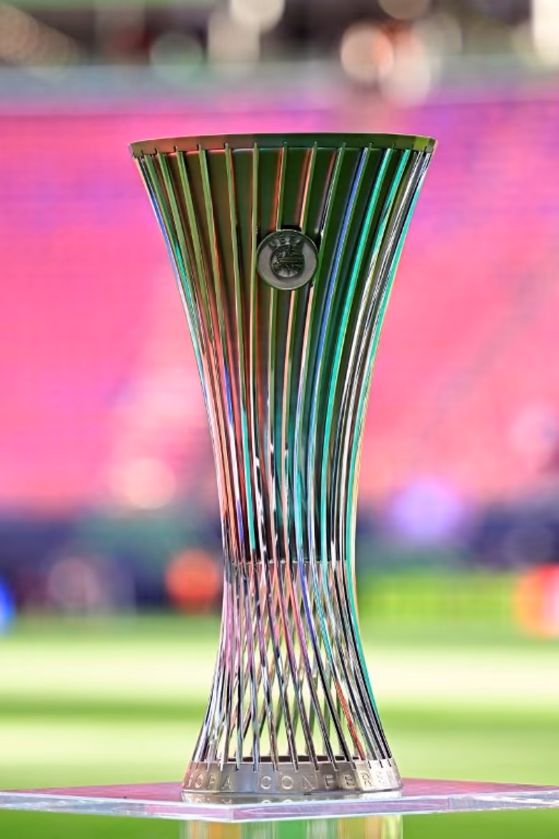 The Conference League trophy is displayed prior to the UEFA Conference League final football match between Crystal Palace FC and Rayo Vallecano de Madrid in Leipzig, eastern Germany, on May 27, 2026. Tobias SCHWARZ / AFP