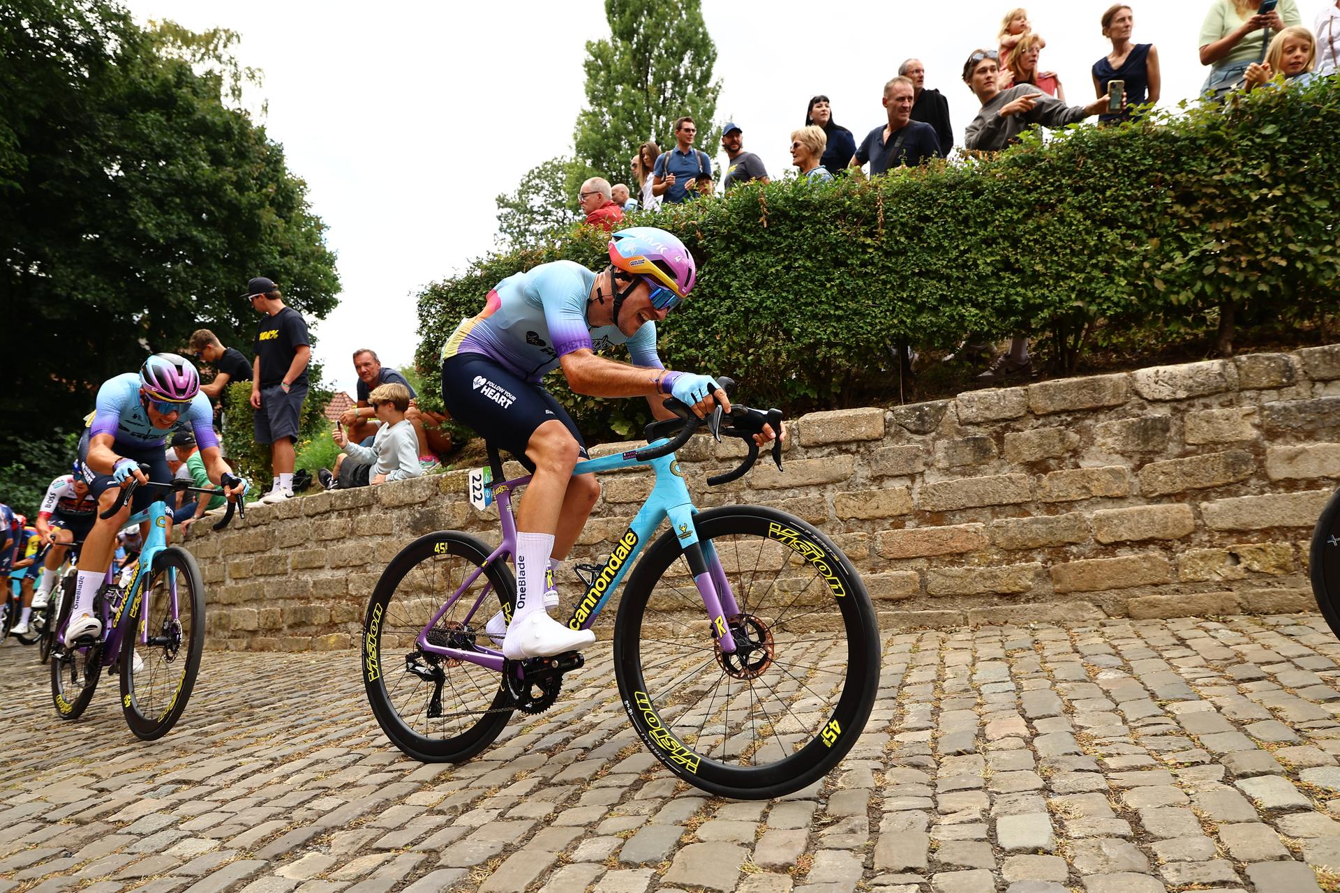 French Axel Huens of Unibet Tietema Rockets pictured in action during the third stage of the 'Renewi Tour' multi-stage cycling race, from Aalter to Geraardsbergen (179,9 km) on Friday 22 August 2025. The five-day race takes place in Belgium and the Netherlands. BELGA PHOTO DAVID PINTENS