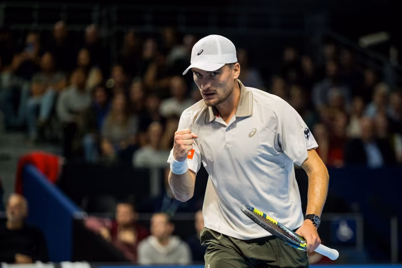 Raphael Collignon of Belgium pictured in action during the European Open ATP tennis tournament in Brussels, on Tuesday 20 October. This year's edition of the tournament is taking place from 17 to 25 October BELGA PHOTO JASPER JACOBS