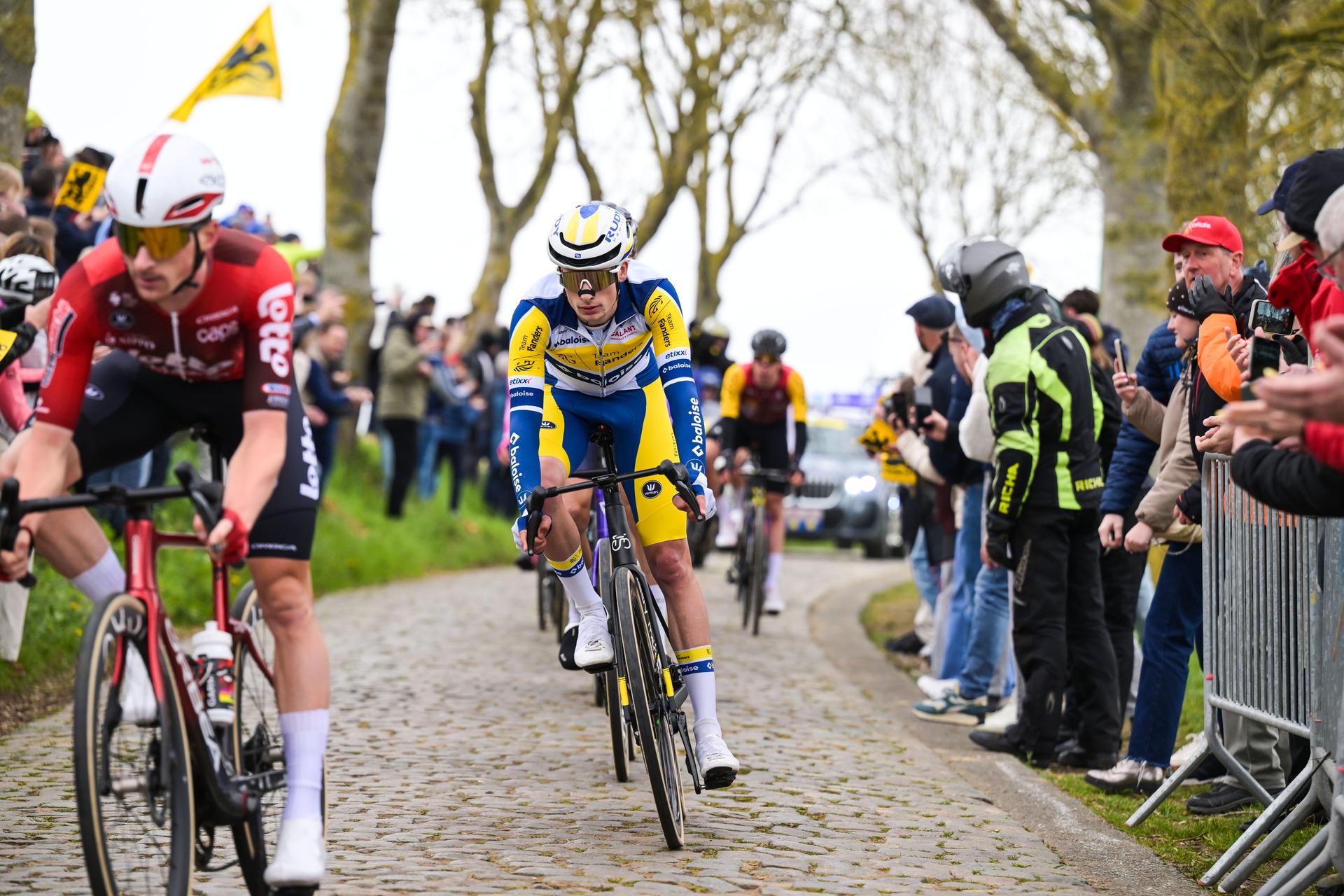 Belgian Victor Vercouillie of Team Flanders-Baloise pictured in action on Paddestraat during the men's race of the 'Ronde van Vlaanderen/ Tour des Flandres/ Tour of Flanders' UCI WorldTour one day cycling race, 278 km from Antwerp to Oudenaarde, Sunday 05 April 2026. BELGA PHOTO DAVID PINTENS