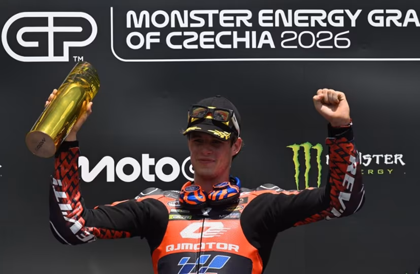 Team MT Helmets - MSi's Ivan Ortola celebrates on the podium after winning the Moto2 event prior to the MotoGP Grand Prix of Czechia in Brno, Czech Republic, on June 21, 2026. Michal Cizek / AFP