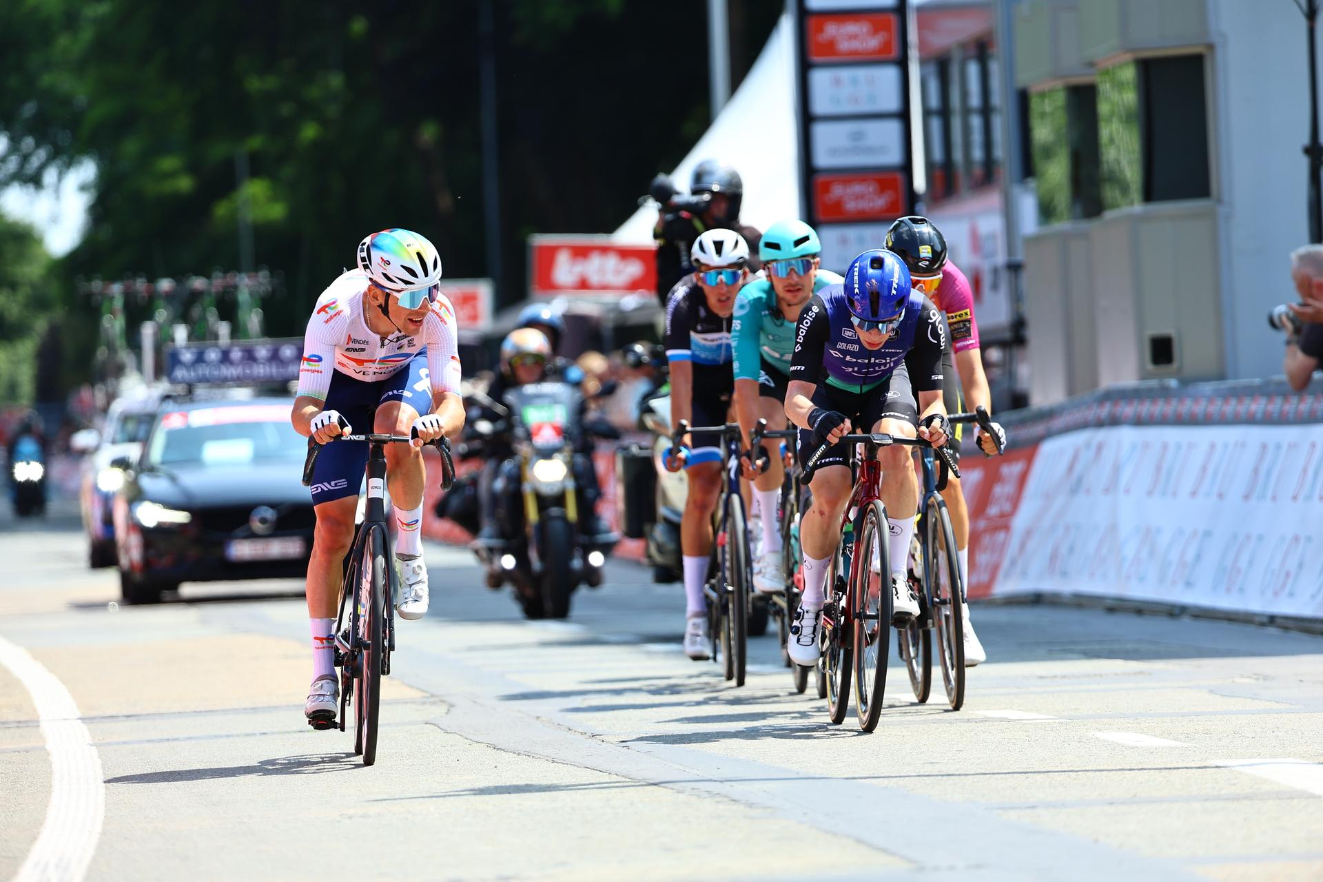 French Samuel Leroux of TotalEnergies pictured in action during the Elfstedenronde one day cycling race, race 4 (out of 8) of the Lotto Belgium Cup, 196 km with start and finish in Brugge, Sunday 15 June 2025. BELGA PHOTO DAVID PINTENS