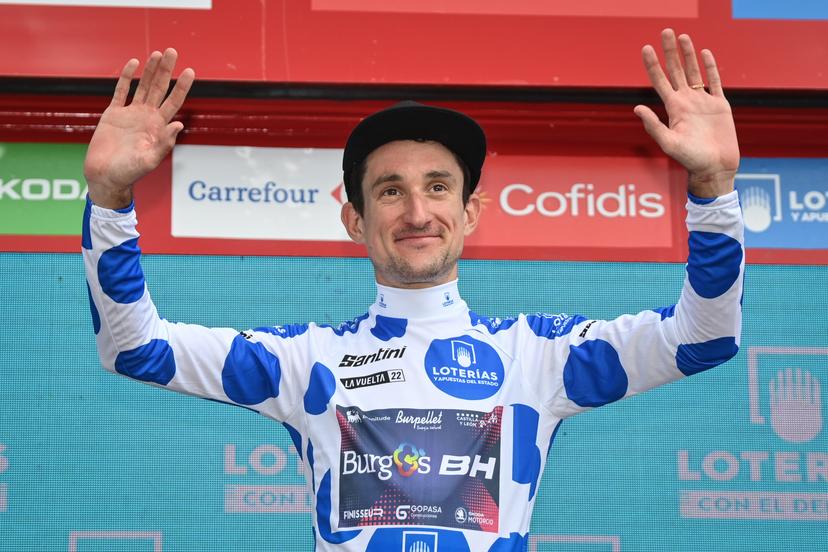 Monegasque Victor Langellotti of Burgos-BH celebrates on the podium in the polka-dot jersey for best climber after stage 7 of the 2022 edition of the 'Vuelta a Espana', Tour of Spain cycling race, from from Camargo to Cistierna (190 km), Spain, Friday 26 August 2022. BELGA PHOTO DAVID STOCKMAN