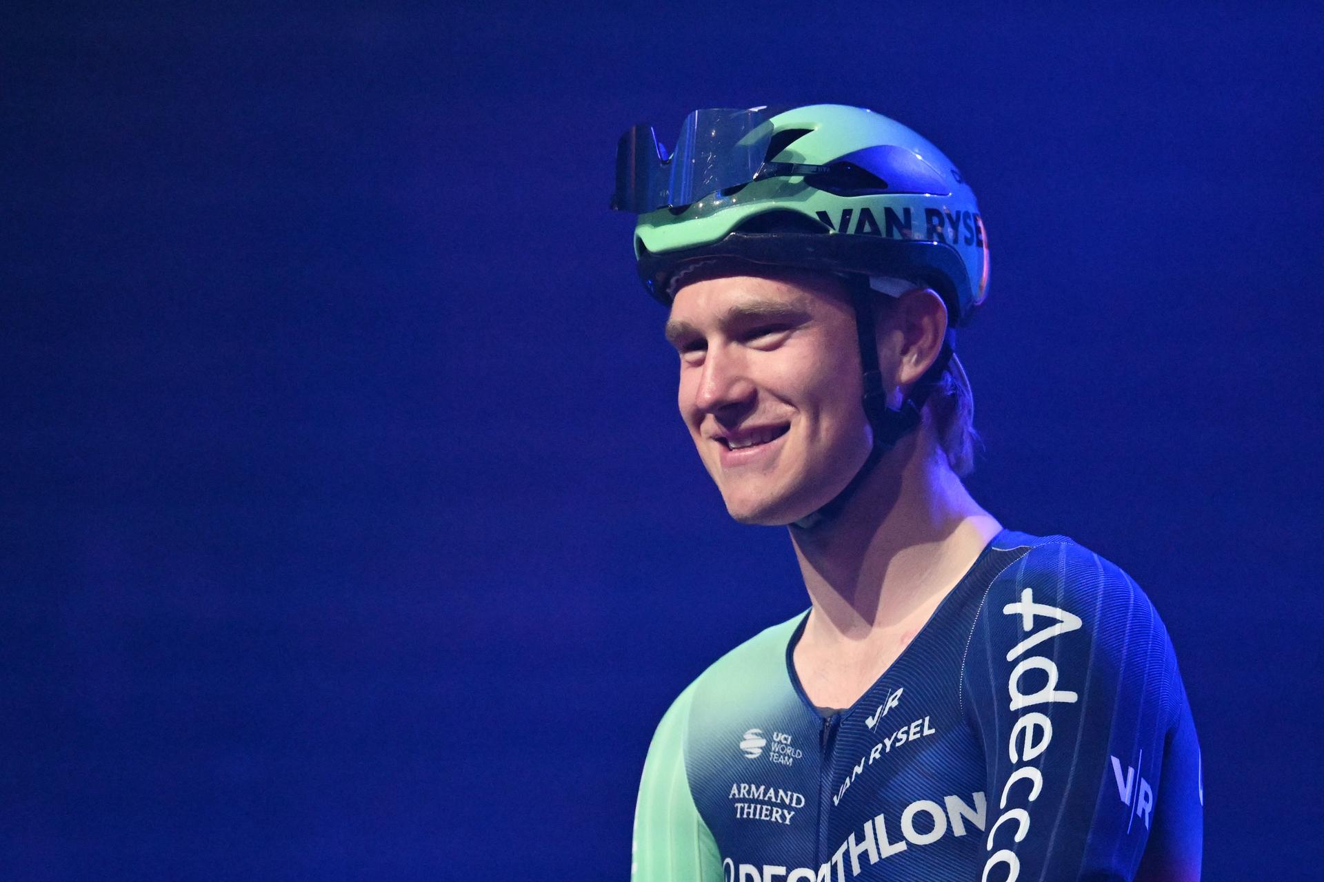 Denmark's Rasmus Sojberg Pedersen of Decathlon CMA CGM Team pictured during the team presentation at the start of the 81st edition of the men's one-day cycling race Omloop Het Nieuwsblad (UCI World Tour), the opening race of the Flemish one-day classics season, 207,6 km from Gent to Ninove, Saturday 28 February 2026. BELGA PHOTO MAARTEN STRAETEMANS