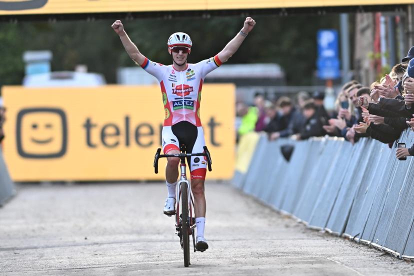 Belgium's Michael Vanthourenhout pictured crossing the finish line after winning the men's elite race of the Superprestige Overijse cyclocross cycling event, Sunday 25 October 2026 in Overijse, the first race of the Superprestige competition. BELGA PHOTO DAVID PINTENS