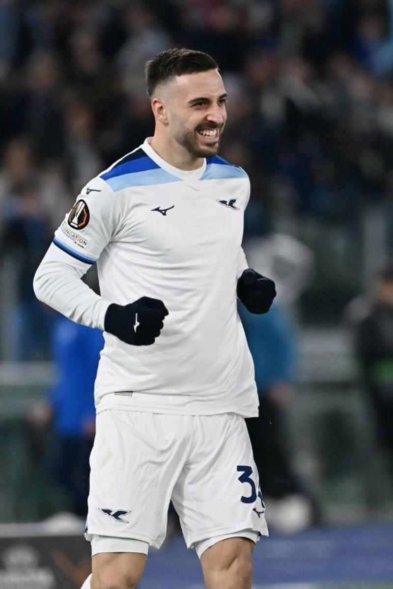 Lazio's Spanish defender #34 Mario Gila Fuentes celebrates after scoring his team's first goal during the UEFA Europa League football match between Lazio and Real Sociedad at the Olympic Stadium in Rome on January 23, 2025. Filippo MONTEFORTE / AFP