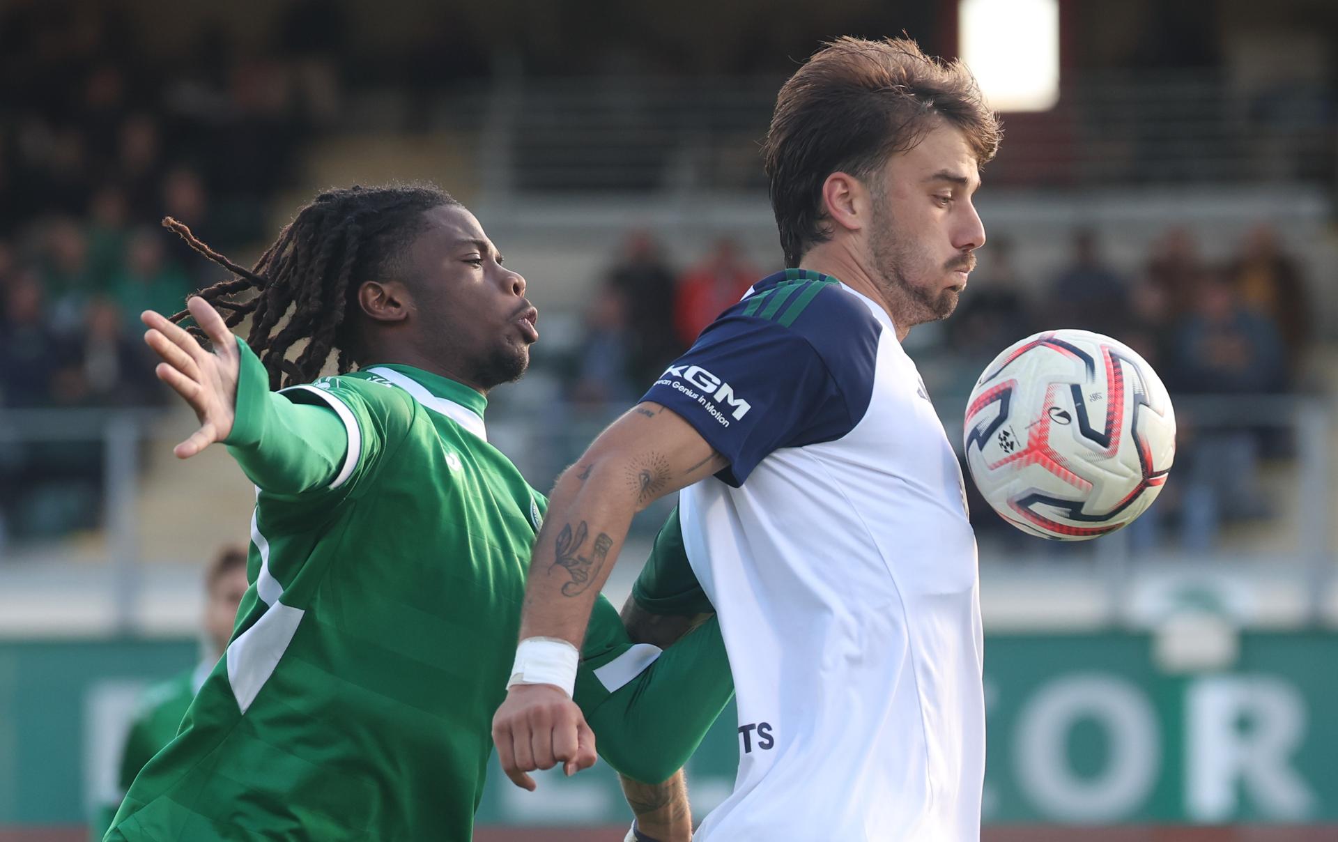 Virton's William Simba and Hasselt's Livio Milts fight for the ball during a soccer match between Royal Excelsior Virton and Sporting Hasselt, Saturday 10 October 2026 in Virton, on day 7 of the 2026-2027 'Challenger Pro League' second highest division of the Belgian championship. BELGA PHOTO VIRGINIE LEFOUR