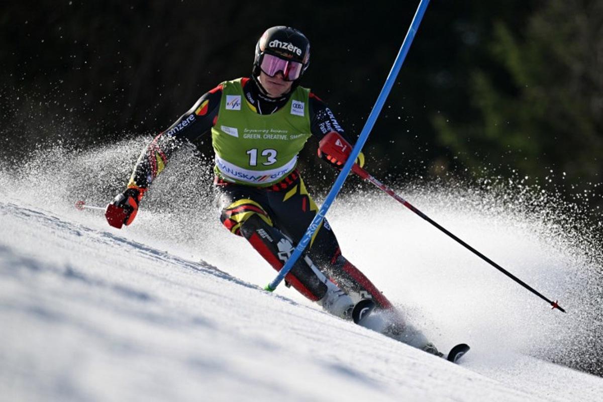 Belgium's Armand Marchant competes in the first run of the Men's Slalom event, part of FIS Alpine Ski World Cup 2025-2026 in Kranjska Gora, Slovenia on March 8, 2026. JURE MAKOVEC / AFP