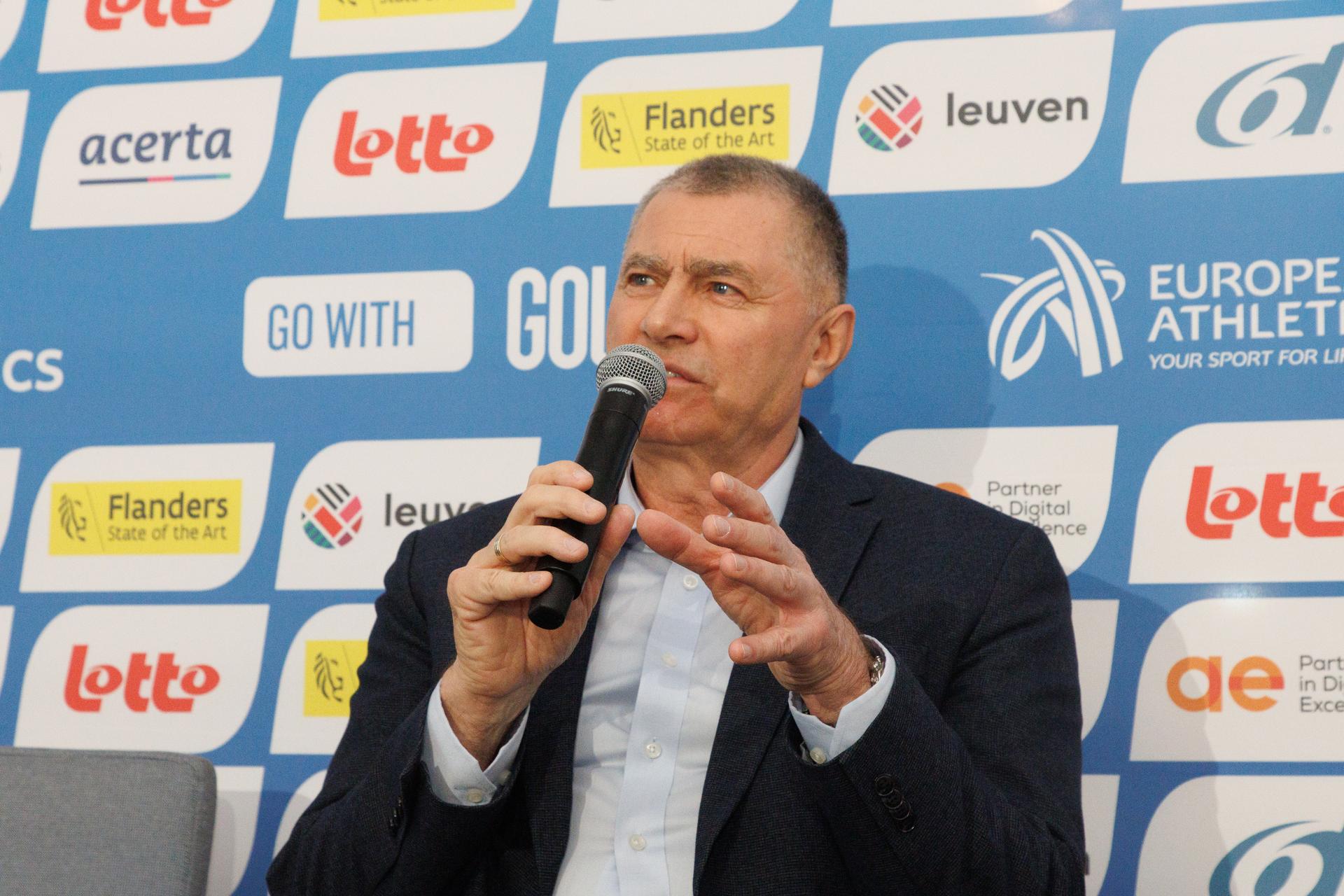 European Athletics chairman Dobromir Karamarinov pictured during a press conference of European Athletics, Belgian Athletics and Golazo on the first European Running Championships, 10km, half marathon and marathon, this weekend in Brussels and Leuven, Friday 11 April 2025, in Brussels. BELGA PHOTO HATIM KAGHAT