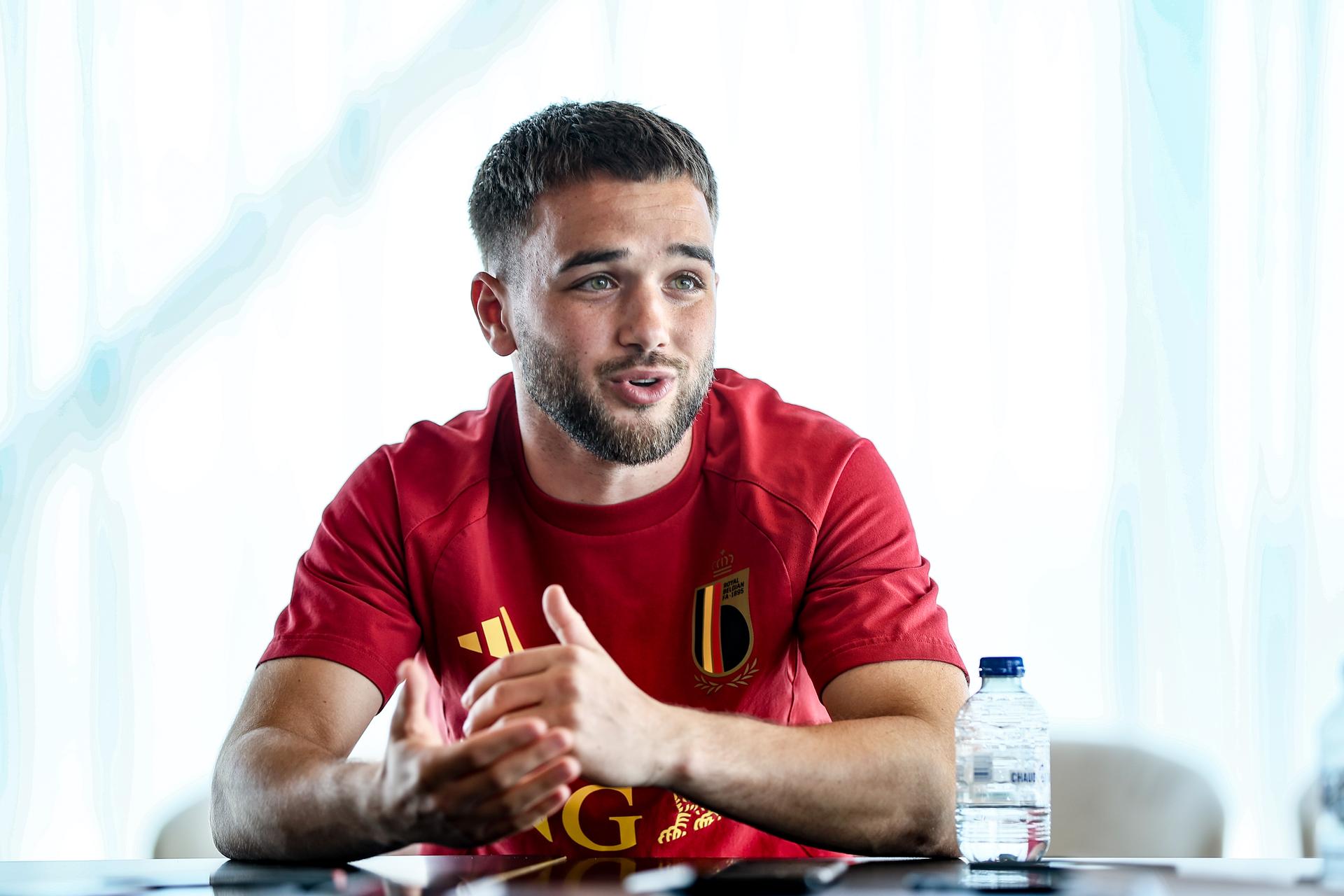 Belgium's Nicolas Raskin talks to the press during a press conference of the Red Devils, the Belgian national soccer team, at the national training center in Tubize, Wednesday 23 September 2026. The team is preparing for fixtures in the UEFA Nations League competition. BELGA PHOTO BRUNO FAHY
