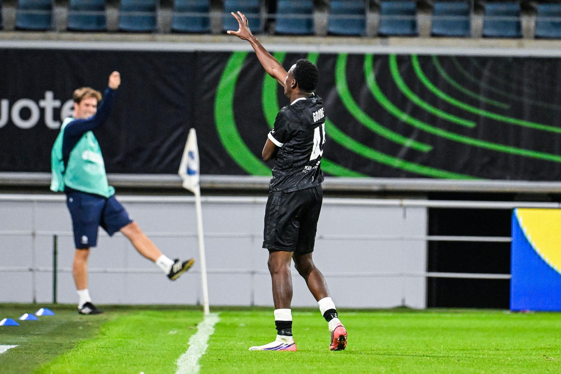 Gent's Hyllarion Goore celebrates after scoring during a soccer game between Belgian KAA Gent and Danish Aarhus GF, Thursday 15 October 2026 in Gent, the opening match of the UEFA Conference League league phase. BELGA PHOTO TOM GOYVAERT