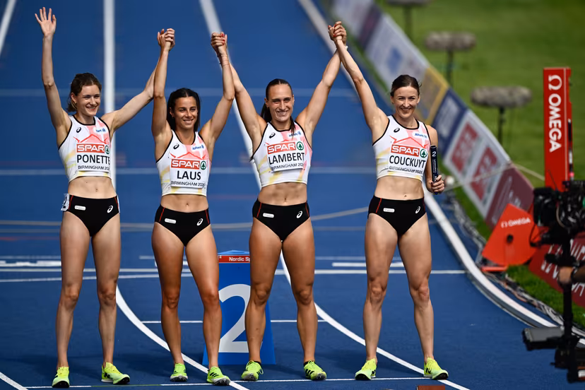 Belgian Helena Ponette; Belgian Camille Laus; Belgian Kylie Lambert and Belgian Paulien Couckuyt pictured during the women's 4x400m relay on the fifth day of the European Athletics Championships (August 10-18) in Birmingham, United Kingdom, on Friday 14 August 2026. BELGA PHOTO ERIC LALMAND
