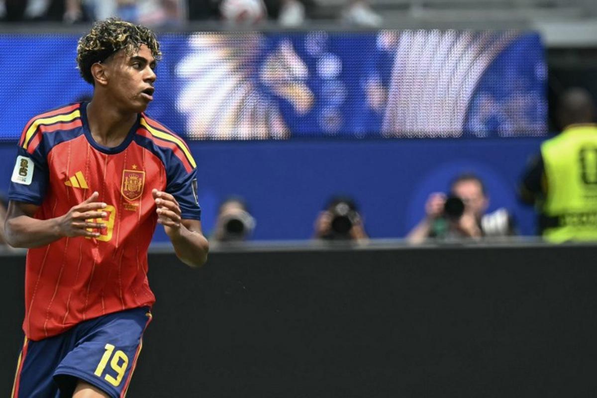 Spain's forward #19 Lamine Yamal reacts during the 2026 World Cup football tournament quarter-final match between Spain and Belgium at the Los Angeles Stadium in Inglewood on July 10, 2026. Paul ELLIS / AFP