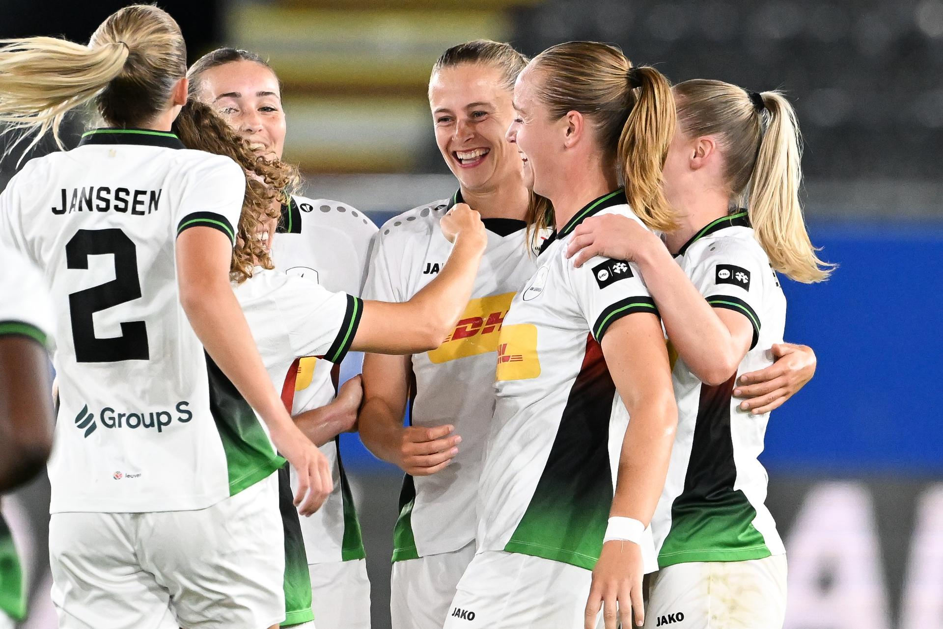 OHL's Julie Biesmans celebrates after scoring during a game between Oud-Heverlee Leuven Women and Poland women team Czarni Sosnowiec, Wednesday 2 September 2026 in Leuven, a return leg in the third round qualification game in the UEFA Women's Champions League. OHL Women won 1-4 the first leg. BELGA PHOTO JILL DELSAUX