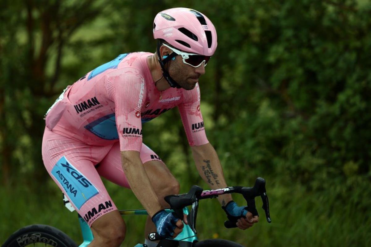 XDS Astana Team's Italian rider Diego Ulissi rides in the pack during the 9th stage of the 108th Giro d'Italia cycling race of 181kms from Gubbio to Siena on May 18, 2025. Luca Bettini / AFP