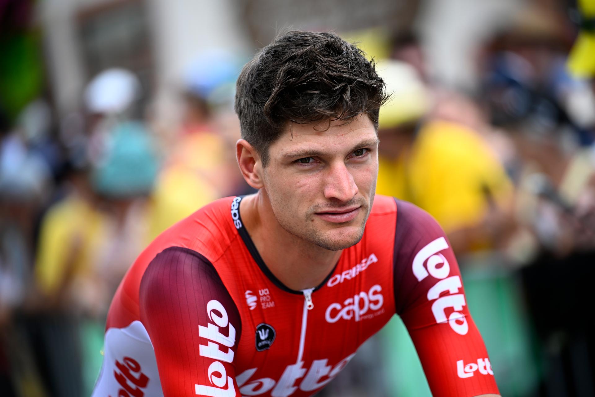 Belgian Brent Van Moer of Lotto Cycling Team pictured at the start of stage 15 of the 2025 Tour de France cycling race, from Muret to Carcasonne (169 km), on Sunday 20 July 2025 in France. The 112th edition of the Tour de France starts on Saturday 5 July in Lille, France, and will finish in Paris, France on the 27th of July. BELGA PHOTO JASPER JACOBS