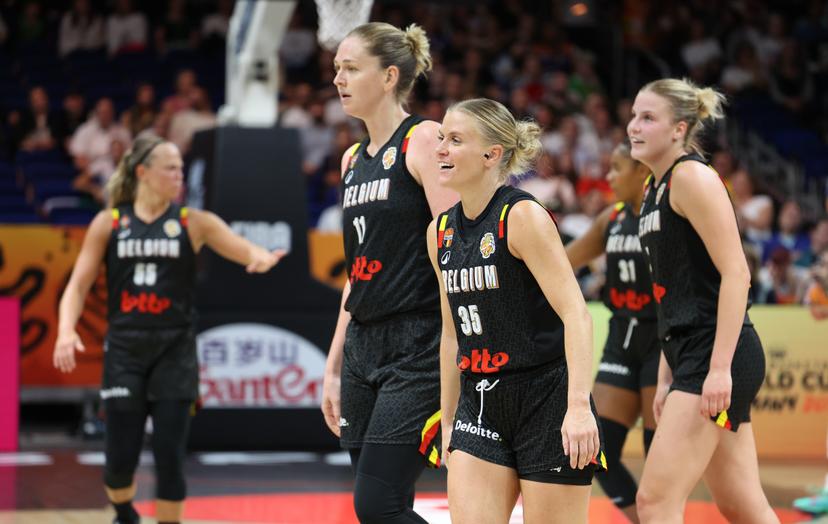 Belgium's Julie Vanloo; Belgium's Nastja Claessens and Belgium's Emma Meesseman celebrate during a game between Belgian national basketball team Belgian Cats and Puerto Rico, game 2 of the group phase at the FIBA Women's Basketball World Cup, on Sunday 6 September 2026, in Berlin, Germany. The FIBA Women's Basketball World Cup takes place in Berlin from 4 to 23 September 2026. BELGA PHOTO VIRGINIE LEFOUR