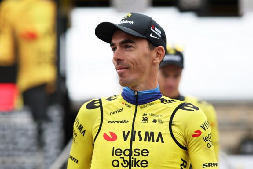 Team Visma - Lease a Bike's French rider Christophe Laporte attends the teams' presentations event on the eve of the 123rd edition of the Paris-Roubaix one-day classic cycling race, 258.3 km between Compiegne and Roubaix, in Compiegne, northern France, on April 11, 2026. Anne-Christine POUJOULAT / AFP