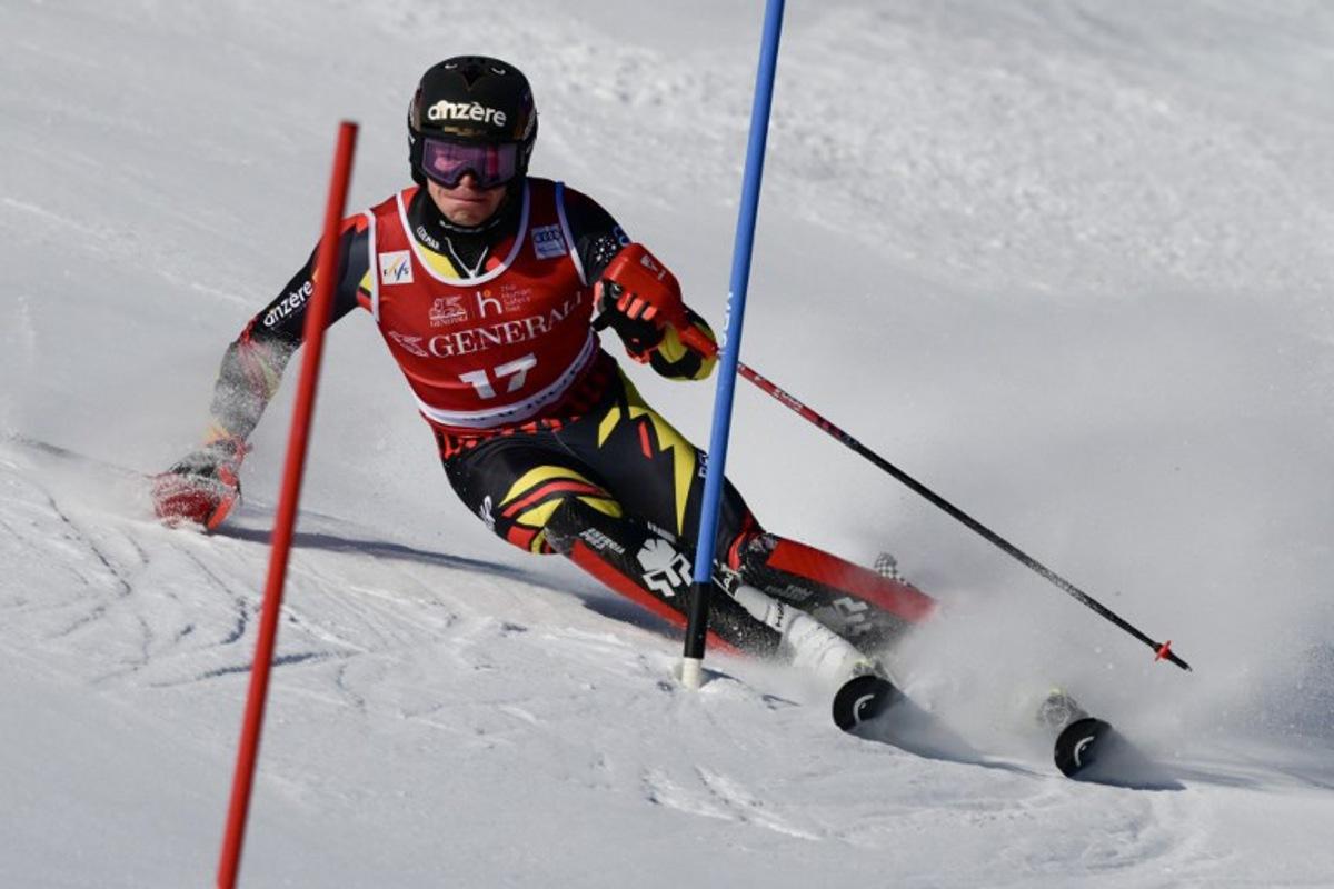 Belgium's Armand Marchant competes during the first run of the Men's Slalom event of the FIS Alpine Skiing World Cup in Val d'Isere, on December 14, 2025. Olivier CHASSIGNOLE / AFP