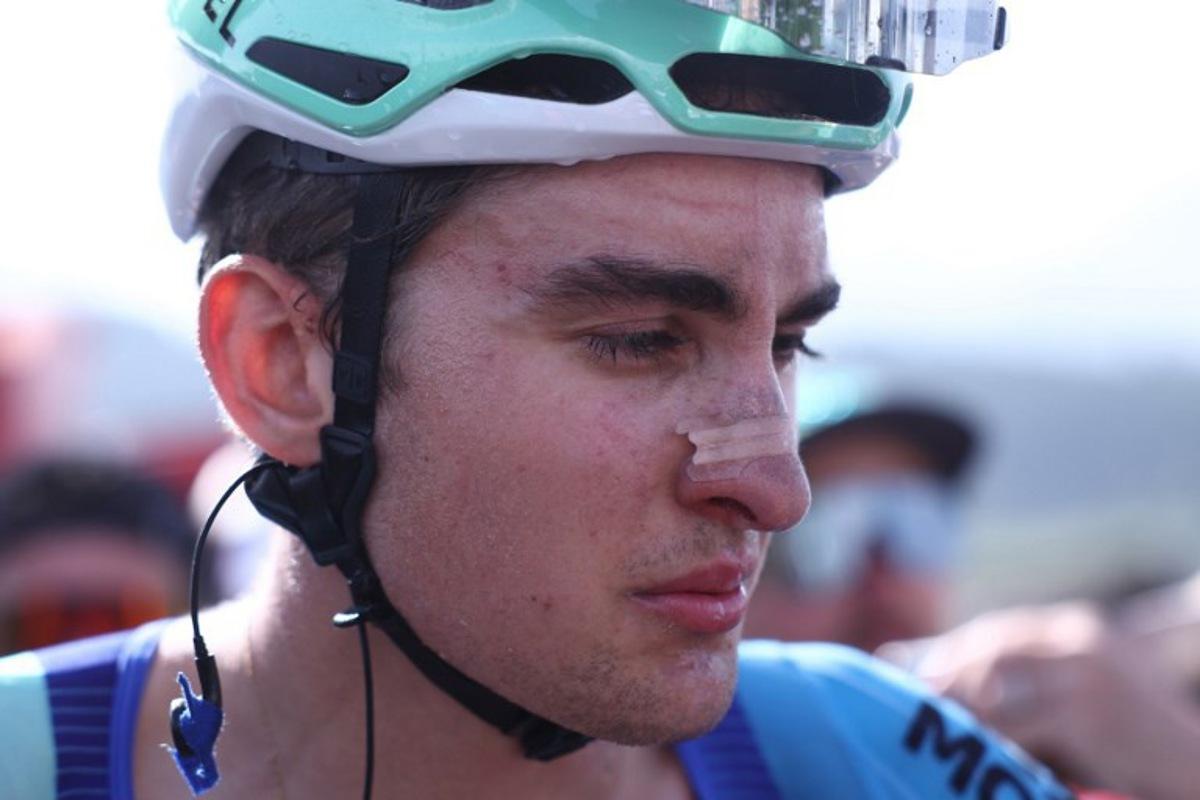 Decathlon AG2R La Mondiale Team's French rider Paul Seixas reacts at the end of the 6th stage of the 77th edition of the Criterium du Dauphine cycling race, 126,7 km between Valserhône and Combloux, on June 13, 2025. Anne-Christine POUJOULAT / AFP