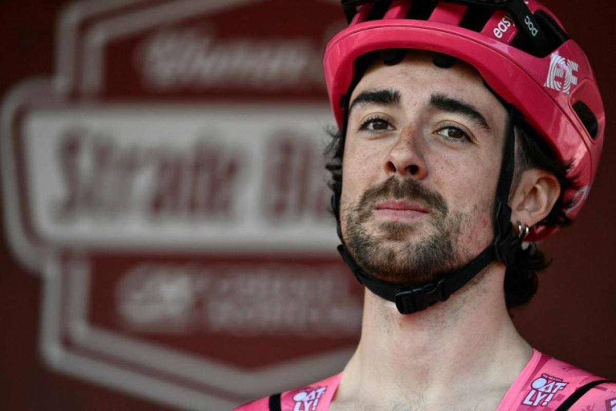 Team EF Education's Irish rider Ben Healy looks on before the 19th one-day classic 'Strade Bianche' (White Roads) cycling race between Siena and Siena, Tuscany, on March 8, 2025. Marco BERTORELLO / AFP
