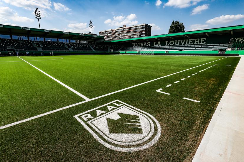 Raal logo on the pitch in the Easi Arena stadium ahead of a press conference of Belgian soccer team RAAL La Louviere, Wednesday 18 June 2025 in La Louviere, in preparation of the upcoming 2025-2026 first division season. BELGA PHOTO BRUNO FAHY
