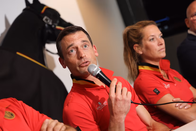 Belgian Wim Verwimp, Belgian Justin Verboomen and Belgian Larissa Paulius pictured during a press moment of the 'Red Musketeers' riders that will compete at the upcoming World Championships, on Monday 27 July 2026 in Zaventem. The FEI World Championships will take place in Aachen, Germany from 11 to 23 August. BELGA PHOTO VIRGINIE LEFOUR