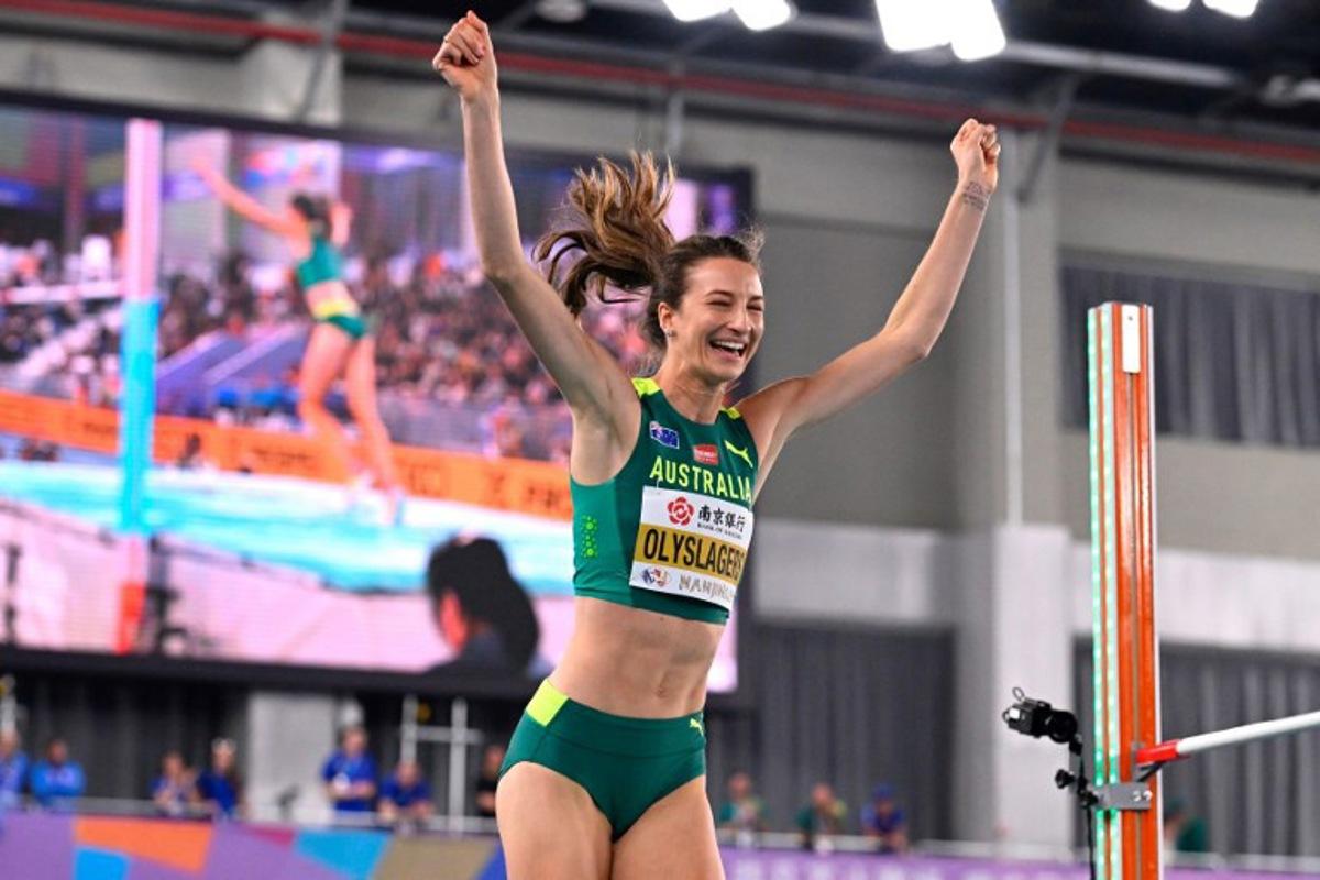 Australia's Nicola Olyslagers reacts in the women's high jump final during the Indoor World Athletics Championships in Nanjing, in eastern China's Jiangsu province, on March 23, 2025. WANG Zhao / AFP
