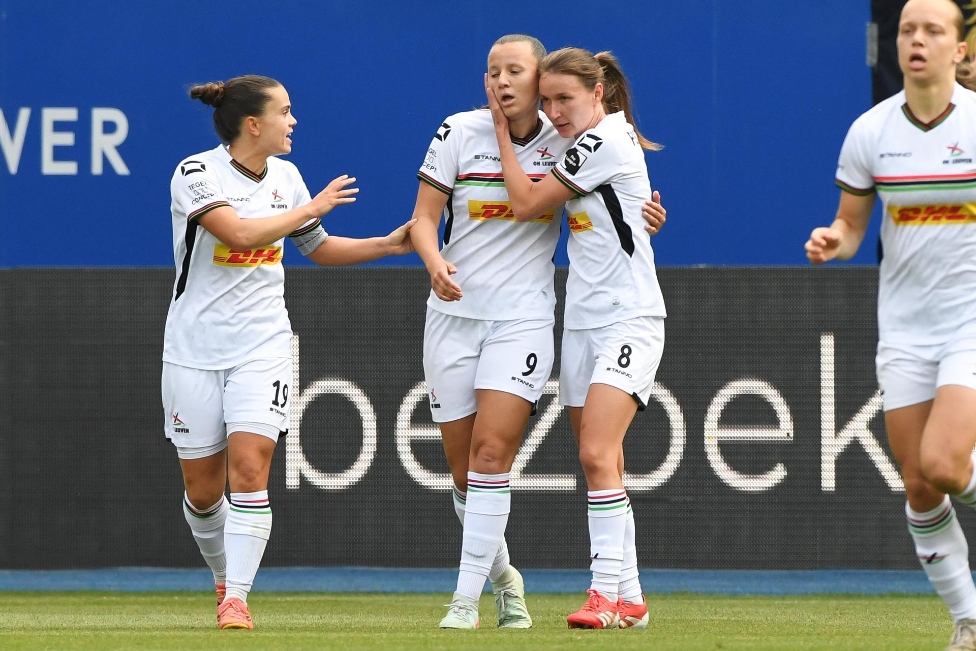 OHL Women's Hannah Eurlings celebrates after scoring during a soccer match between Oud-Heverlee Leuven and RSCA Women, Saturday 17 May 2025 in Heverlee, on day 6 (out of 6) of the Play-offs of the 2024-2025 'Super League Women' first division of the Belgian championship. BELGA PHOTO JILL DELSAUX