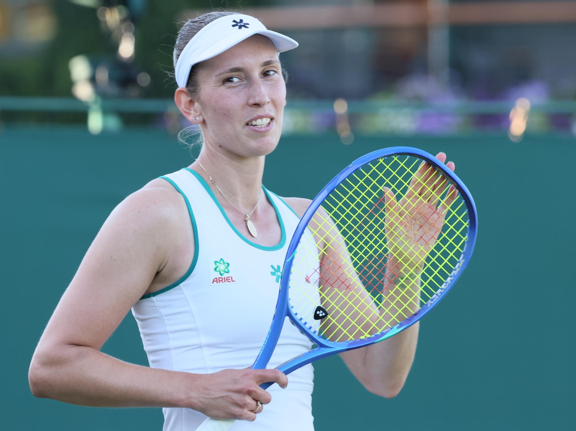 Belgian Elise Mertens reacts during a tennis match against Uzbek Timofeeva, in the second round of the ladies' singles at the Wimbledon grand slam tennis tournament in London, Britain, Thursday 02 July 2026. BELGA PHOTO BENOIT DOPPAGNE